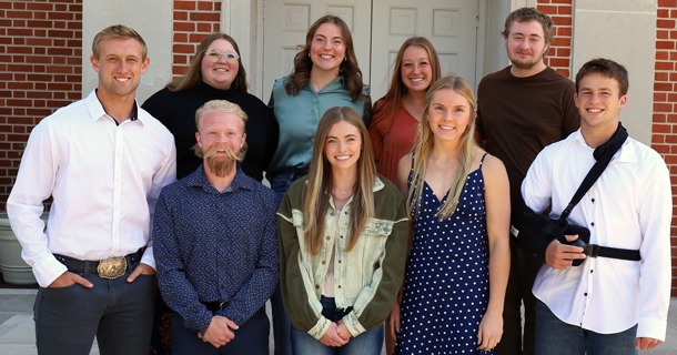 The 2024 Hastings College Homecoming Court. (front from left) Wyatt Ryan, Story Talbert, Jenna Sterling, Bailey Kissinger and Marcus Dustin; (back from left) Summer Postlewait, Molly Kammerer, Paige Willcoxon and Donovan Andrews. Not Pictured: Marissa Ruiz.